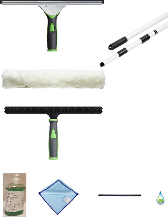 Essuie-glace professionnel avec manche télescopique 4,5 mètres - Jeu de chamois Pulex 35 cm avec manche télescopique 4,5 mètres - Extracteur de vitres -