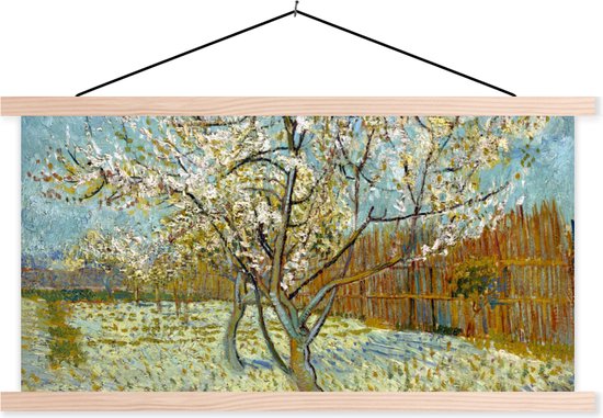 Posterhanger incl. Poster - Schoolplaat - Bloeiende perzikboom - Vincent van Gogh - 150x75 cm - Blanke latten