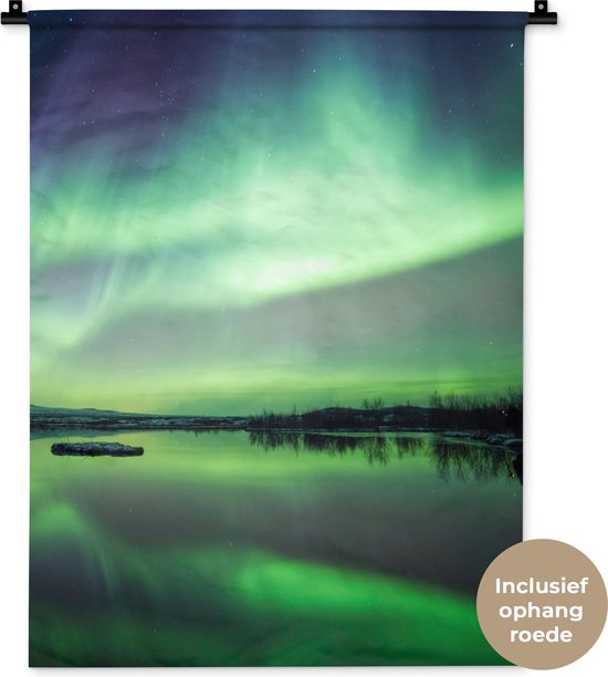 Foto: Wandkleed wanddoek noorderlicht meer ijsland groen bos sneeuw 60x80 cm wandtapijt