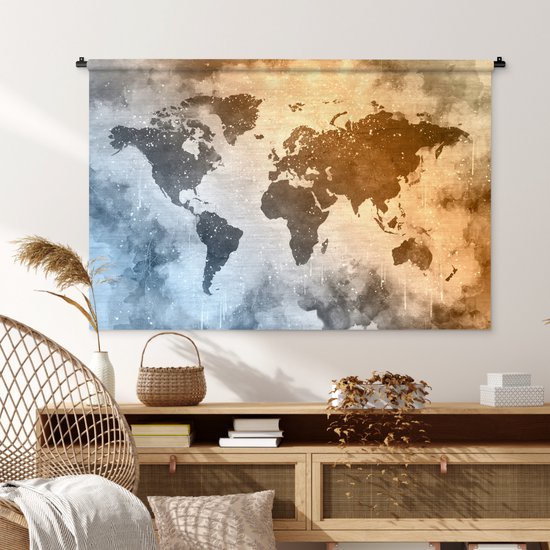 Tapisserie Cartes du mondeIllustrations de Noël - Wereldkaart avec des couleurs de peinture chaudes et froides sur un fond avec un motif texturé Tapisserie murale coton 150x100 cm - Tapisserie avec photo