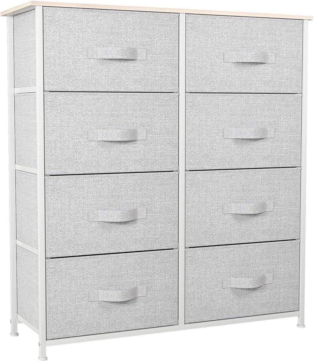 Commode met laden, kast met 8 laden van stof, opbergcommode, moderne stijl voor slaapkamer, woonkamer, kinderkamer, hal, lichtgrijs opbergkast