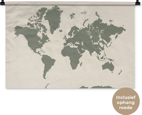 Wandkleed WereldkaartenKerst illustraties - Grijze wereldkaart met een illustratie van een giraffe Wandkleed katoen 90x60 cm - Wandtapijt met foto