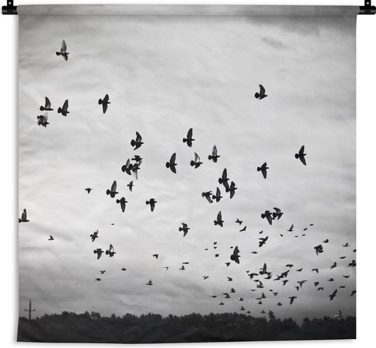 Wandkleed - Wanddoek - Dieren - Vogels - Wolken - Zwart - Wit - 150x150 cm - Wandtapijt