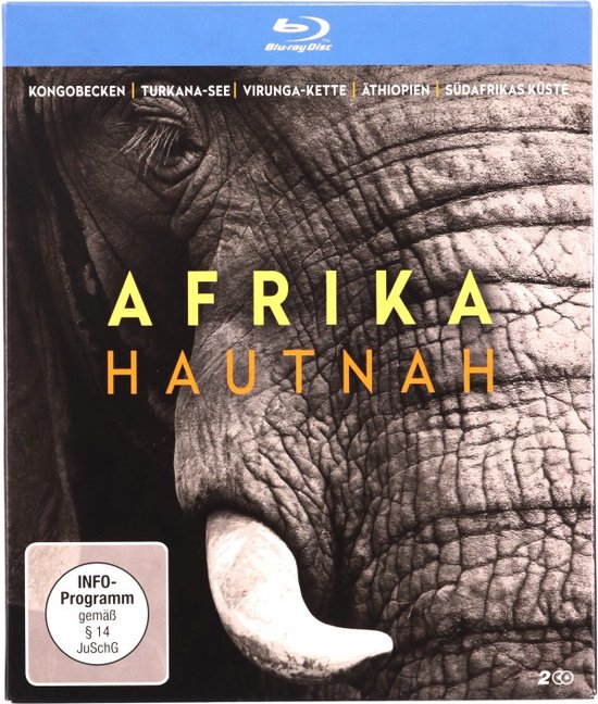 Blu-ray hoes met close-up van een olifant met de tekst 'AFRIKA HAUTNAH' en 'Blu-ray Disc'.