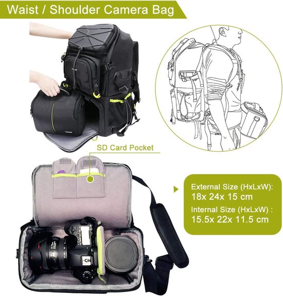 Tarion Rugzakje voor fotografen; met speciale opbergruimte voor een spiegelreflexcamera; waterdicht, licht en compact; incl. vak voor 15 inch laptop en een regenhoes; blauw