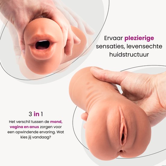 Een roze masturbator met een mondopening en een vaginale opening, getoond door handen. De tekst '3 in 1' en 'Levensechte huidstructuur' zijn zichtbaar.