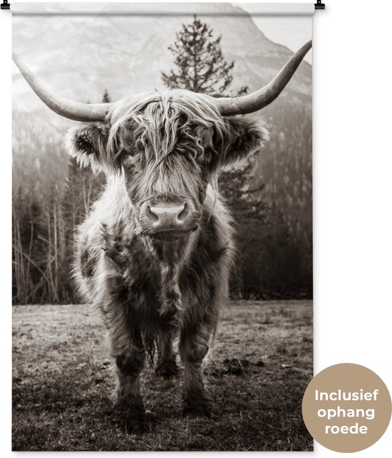 Wandkleed - Wanddoek - Schotse hooglander - Dieren - Zwart - Wit - 120x180 cm - Wandtapijt