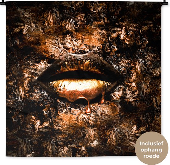 Wandkleed - Wanddoek - Verf - Lippen - Koper - 120x120 cm - Wandtapijt