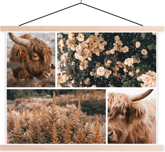 Posterhanger incl. Poster 120x90 cm - Schoolplaat - Schotse hooglander - Bloemen - Planten - Textielposter - Blanke latten