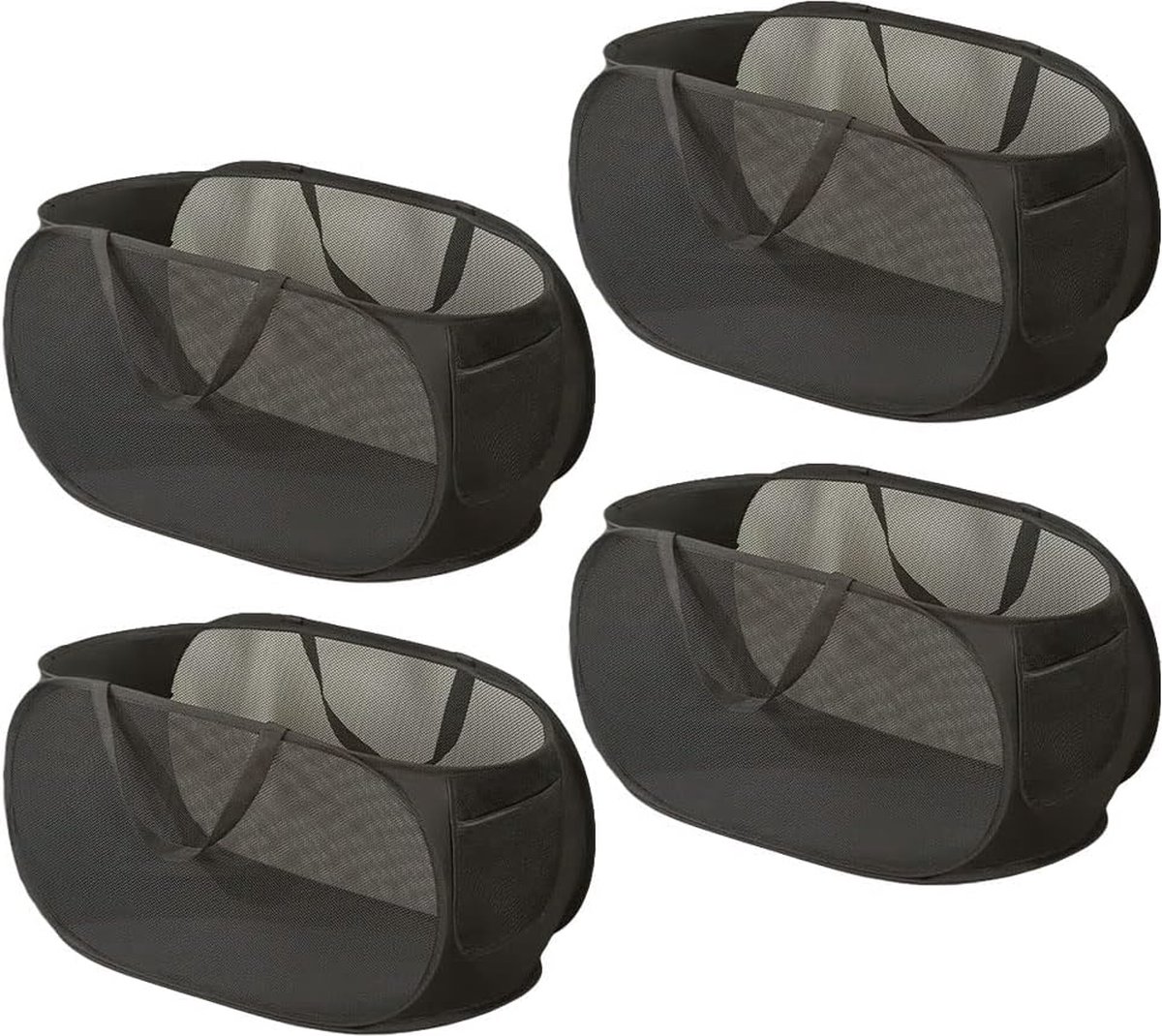 Opvouwbare wasmand, wasverzamelaar, opbergmand, 4 stuks mesh-manden, inklapbaar, lichte draagbare grote containers, opslag met handgreep, zijvak voor wasgoed, speelgoed (zwart)