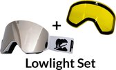 Luxe Magnetische Snowboardbril / Skibril SET - Zilvere / Spiegel Lens & Lowlight Lens (Slecht weer-lens) Wit Frame + Beschermcase & Microfiber hoes - PolarShred - Anti fog - Cat.3 - 100% UV Bescherming - VLT 16%