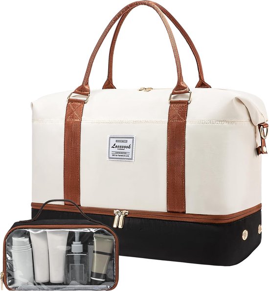 Reistas voor dames 2 stuks - Beige/zwart - Grote weekendtas met toilettas - Handbagagetas, sporttas, schoudertas - 46 x 22 x 41 cm - Handtas met schouderband - Gouden details - Waterbestendig - Schoenenvak- 2-delige reisset - Bruin