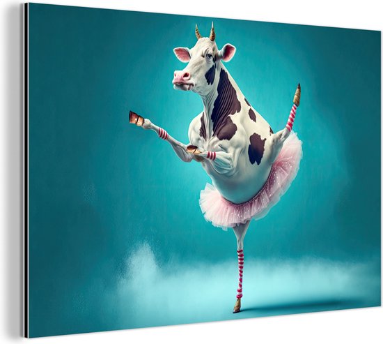 Wanddecoratie Metaal - Aluminium Schilderij Industrieel - Koe - Ballet - Portret - Blauw - Dieren - Kind - 30x20 cm - Dibond - Foto op aluminium - Industriële muurdecoratie - Voor de woonkamer/slaapkamer