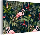 Wanddecoratie Metaal - Aluminium Schilderij Industrieel - Jungledieren - Patroon - Kinderen - Flamingo - Papegaai - Kids - 30x20 cm - Dibond - Foto op aluminium - Industriële muurdecoratie - Voor de woonkamer/slaapkamer