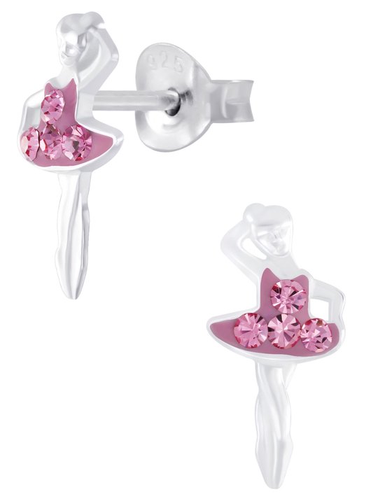 Joy|S - Zilveren ballerina ballet danseres oorbellen - 6 x 12 - mm roze kristal - kinderoorbellen