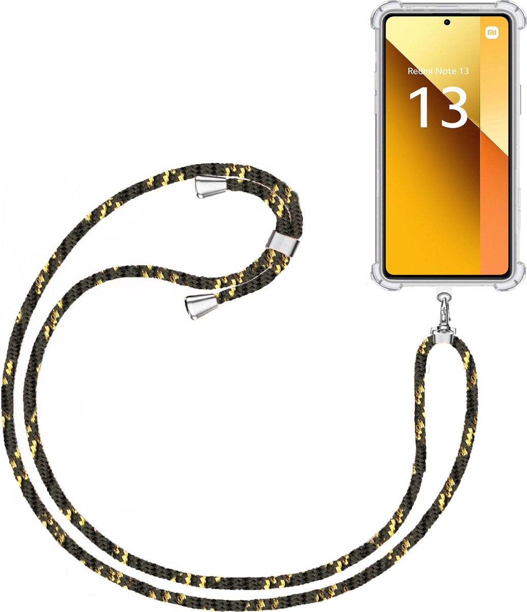 Telefoonkoord + Hoesje Geschikt voor Xiaomi Redmi Note 13 4G - Lengte Verstelbaar - Telefoonketting - Shock Proof Case - Zwart Goud