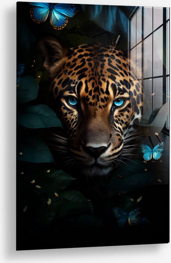 Wallfield™ - Jaguar de la jungle | Peinture sur verre | Verre trempé | 80 x 120 cm | Système de suspension magnétique