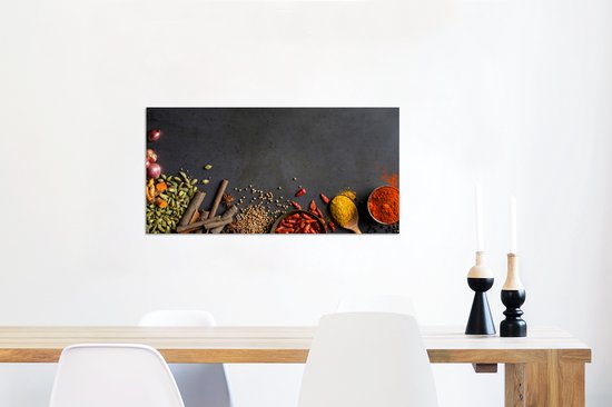 Wanddecoratie Metaal - Aluminium Schilderij Industrieel - Kruiden - Eten - Specerijen - Zwart - Paprika - Kaneel - 80x40 cm - Dibond - Foto op aluminium - Industriële muurdecoratie - Voor de woonkamer/slaapkamer