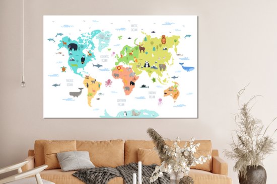 Décoration murale Métal - Peinture Aluminium - Wereldkaart - Animaux - Enfants - 150x100 cm