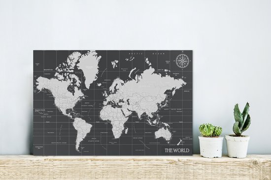 Décoration murale Métal - Peinture Aluminium - Wereldkaart - Zwart - Wit - Monde - 30x20 cm