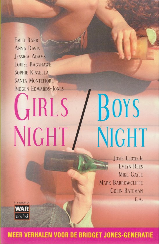 Boekomslag met de tekst 'GIRLS NIGHT BOYS NIGHT' en een flesje in een hand. Ondersteund door War Child.