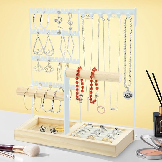 Sieradenstandaard, sieradenhouder, sieradenorganizer, sieradenopslag voor het opbergen van oorbellen, kettingen, armbanden en ringen, decoratieve esthetische accessoires, wit
