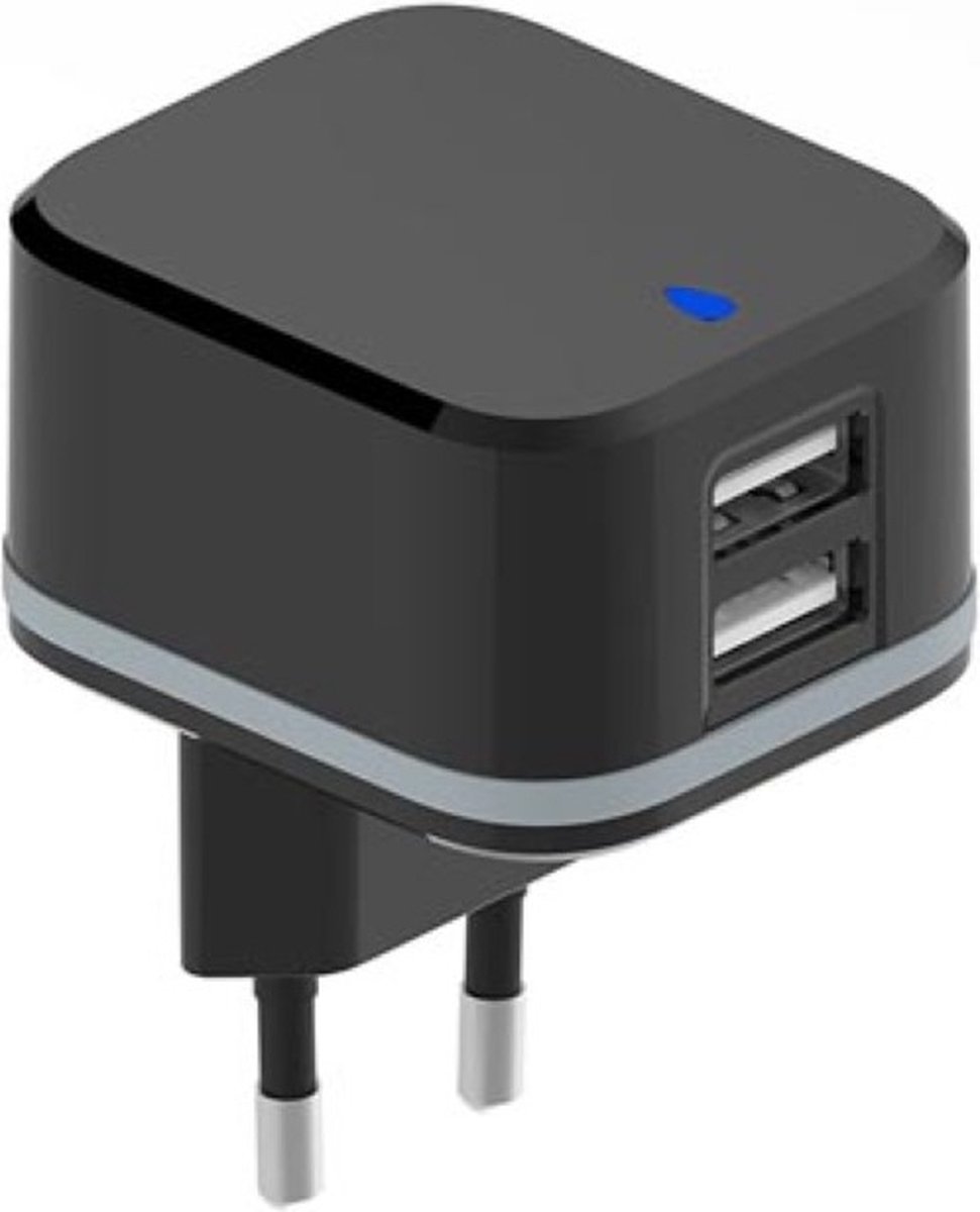 HQ-Power USB-lader, met 2 USB-poorten, 5 V 3.4 A 17 W, ideaal voor GSM's, smartphones, tablets, GPS en meer, automatische stroomdetectie, beveiliging tegen kortsluiting, ledindicator, perfect voor zowel dagelijks gebruik als voor op reis, zwart
