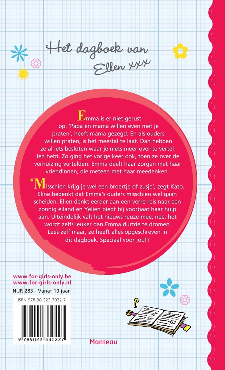 Achterkant boek: 'Het dagboek van Ellen xxx'. Tekstblokken met uitleg over het verhaal en website-informatie.