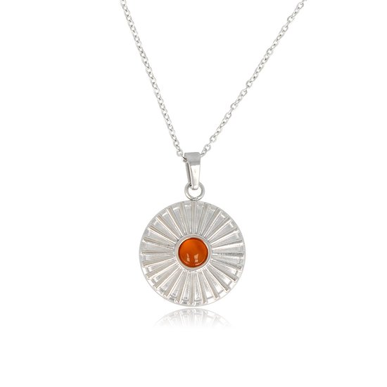 My Bendel - Zilverkleurige ketting zonnetje met Carnelian edelsteen - Zilverkleurige fijne schakelketting met een zonnetje hanger en Carnelian edelsteen - Met luxe cadeauverpakking