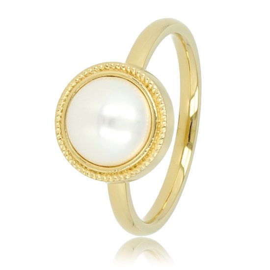 My Bendel - Vintage ring goud met witte parel - Gouden edelstalen vintage ring met witte parel steen - Met luxe cadeauverpakking