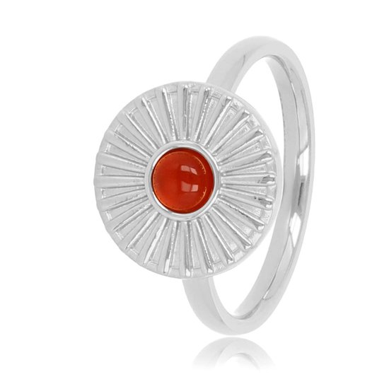 My Bendel - Ring zilverkleurig zonnetje met Carnelian - Vrolijke zilverkleurige edelstalen ring met een zonnetje en Carnelian edelsteen - Met luxe cadeauverpakking