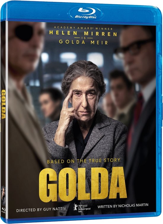 Blu-ray hoes met Helen Mirren als Golda Meir. Goudkleurige tekst 'GOLDA'.