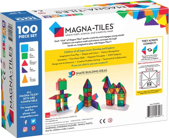 Achterkant van de Magna-Tiles doos met details van 100 stuks en ideeën voor constructies.