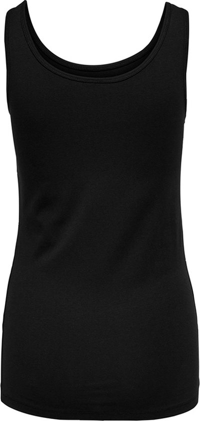 Zwarte tanktop met ronde hals, van achteren gezien.