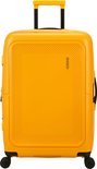 Gele American Tourister koffer met uitschuifbaar handvat en wieltjes.