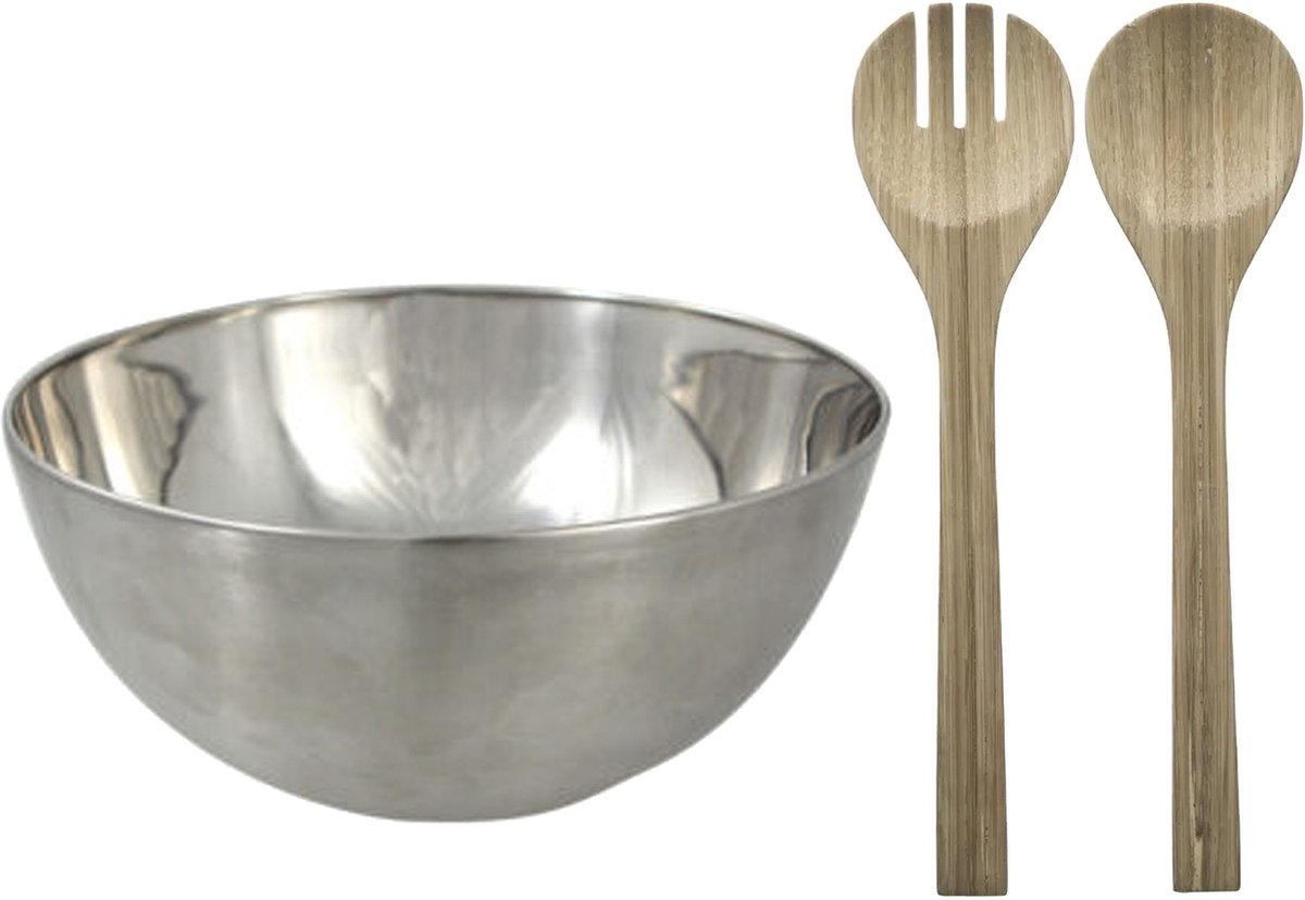 Salade schaal met sla couvert - RVS/bamboe - mat zilver - serveerschaal - D23 x H11 cm