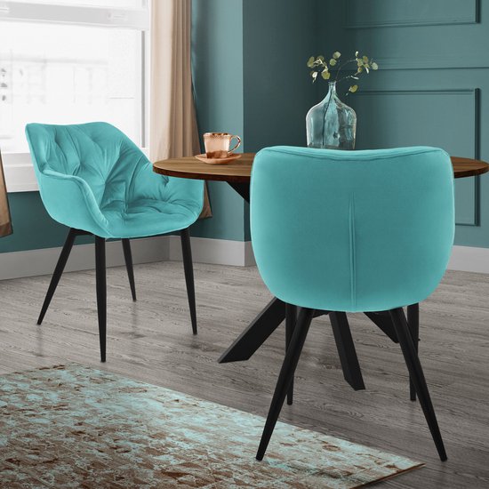 Lot De 2 Chaises Velours Pétrole - Design Moderne, Dossier Rembourré, Pieds Noirs (120kg Max)