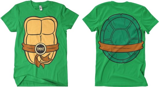 Groen t-shirt met aan de voorkant een schildpadschild-print met bruine band en 'TMNT', achterkant met schildpadschild-print.