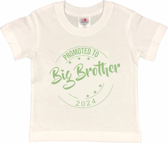 Shirt Aankondiging zwangerschap Promoted to Big Brother 2024 | korte mouw | Wit/sage green (saliegroen) | maat 98/104 zwangerschap aankondiging bekendmaking Baby big bro brother