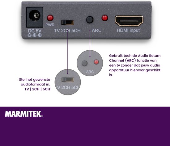 Marmitek Connect AE14 HDMI Audio Extractor - HDMI converter naar audio - 4K 30Hz - ARC - Optisch en analoog — afbeelding 3