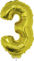 Gouden opblaas cijfer ballon 3 op stokje 41 cm