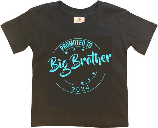 Shirt Aankondiging zwangerschap Promoted to Big Brother 2024 | korte mouw | Zwart/aquablauw | maat 98/104 zwangerschap aankondiging bekendmaking Baby big bro brother Grote Broer