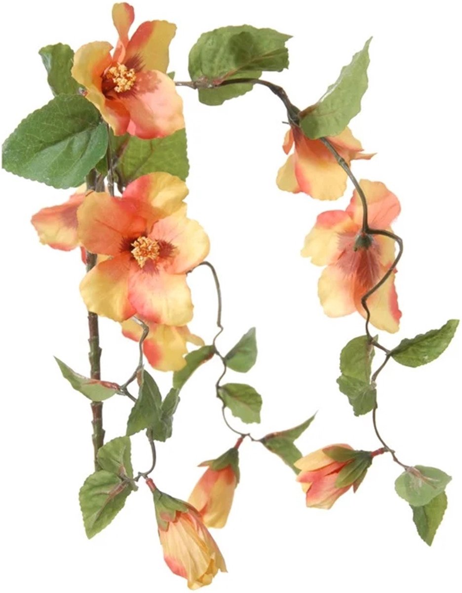 Louis Maes Hibiscus kunstbloemen - perzik - hangende tak - 165 cm - zomer decoratie - levensecht - pvc kunststof