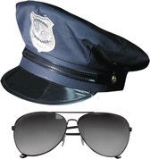 Carnaval verkleed politiepet - met donkere zonnebril - blauw - heren/dames - verkleedkleding accessoires