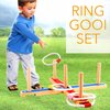 Afbeelding van het spelletje Ringwerpspel, hoefijzerspel, voor zowel binnen als buiten. 5 pinnen met verschillende puntmarkeringen. Zachte katoenen ringen. Geschikt voor kinderen en volwassenen.