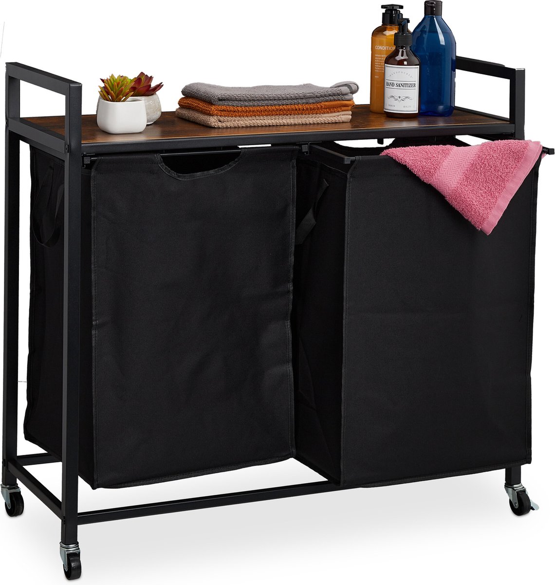 Goedkoopste dubbele wasmand - op wielen - 2 uitschuifbare vakken - industrieel design - zwart-bruin