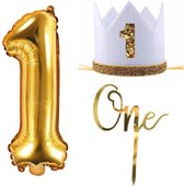 Eerste verjaardag set wit met goud met folie ballon, taart topper en hoedje - cakesmash - 1 - eerste - ballon - goud - hoed