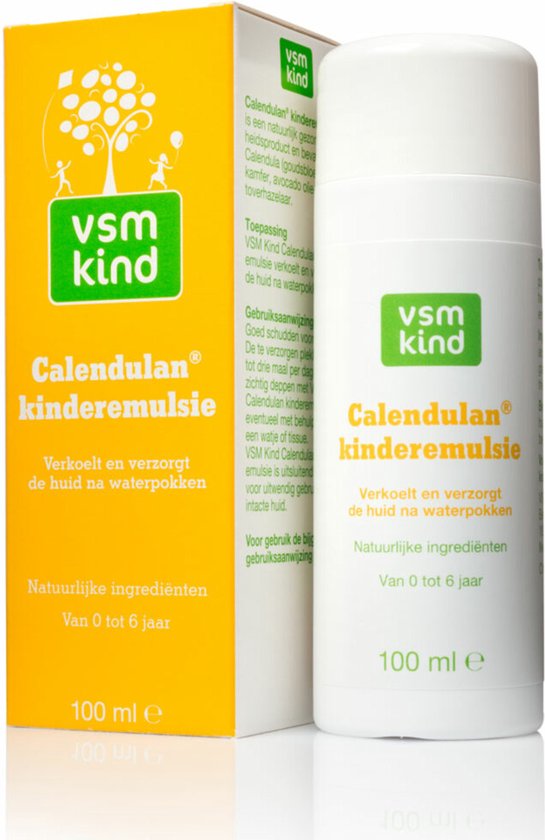 VSM Kind Calendulan kinderemulsie: verkoelt en verzorgt de huid na waterpokken. Natuurlijke ingrediënten van 0 tot 6 jaar.