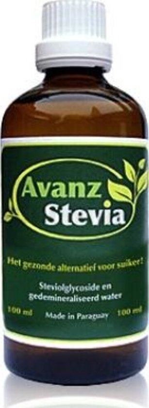 Bruine glazen fles met groen etiket van Avanz Stevia. Met de tekst 'Het gezonde alternatief voor suiker!' en 'Made in Paraguay'.