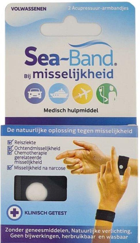 Verpakking met 2 zwarte acupressuur-armbandjes van Sea-Band voor volwassenen, tegen reisziekte en misselijkheid.